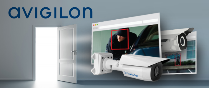 Verkada Installers A white security camera labeled Avigilon is shown in front of an open door. Jendy Physical Security enhances safety as a computer screen behind displays surveillance footage detecting a hooded person and a car, both highlighted with red boxes.