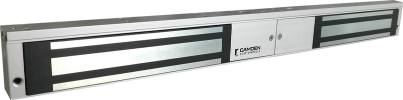 Verkada Installers A silver and black rectangular electromagnetic door lock with dual locking pads, branded Camden Door Controls, designed for secure access control on double doors by Verkada Installers and Jendy Physical Security.