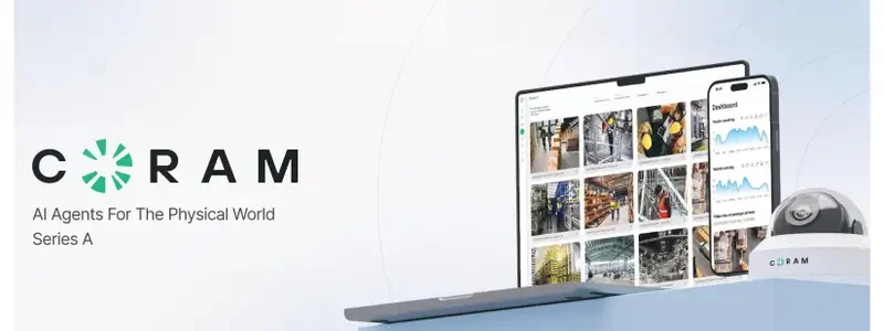 Verkada Installers A promotional image for CORAM showing the logo and tagline AI Agents For The Physical World Series A, with a laptop, a smartphone displaying graphs and photos, and a security camera on a blue surface—perfect for Verkada Installers or Jendy Physical Security pros.