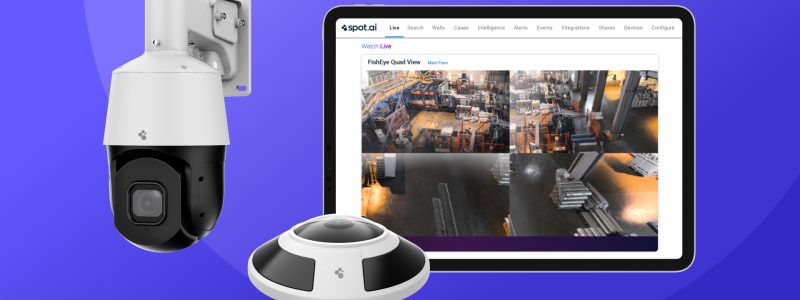 Verkada Installers Three security cameras, including a dome camera, a PTZ camera, and a fisheye camera, are shown next to a tablet displaying a multi-camera feed on a purple background—ideal for Jendy Physical Security or Verkada installers.