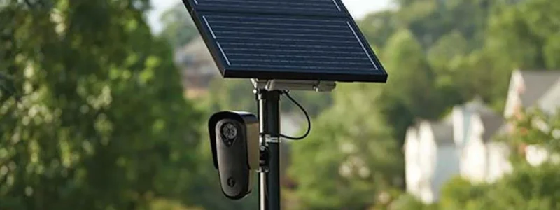 Verkada Installers A solar panel mounted on a tall pole with a small security camera attached below, set outdoors with green trees and houses blurred in the background—a reliable setup by Verkada Installers for Jendy Physical Security.
