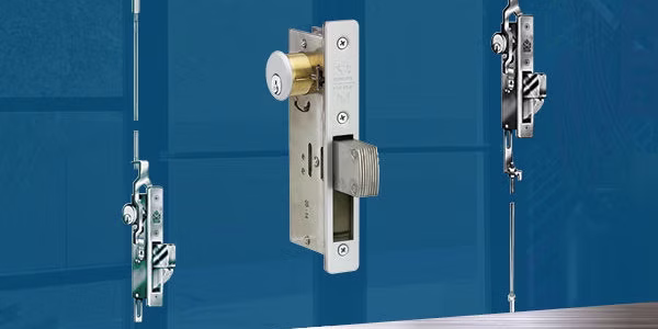 Verkada Installers Three different types of metal mortise locks and latches are displayed vertically against a blue background, with a brushed metal surface at the bottom—highlighting solutions ideal for Verkada installers and Jendy physical security professionals.