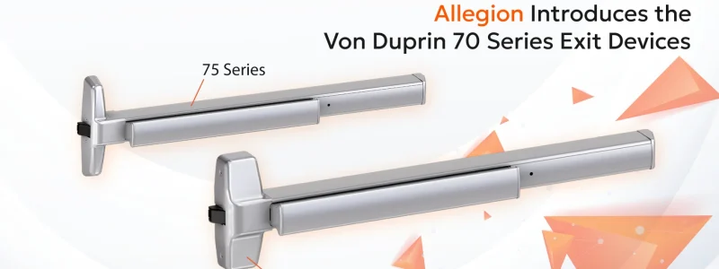 Verkada Installers Two silver exit devices labeled “75 Series” and “78 Series” are displayed on a white background with Allegion and Quality Door logos, plus the text “Allegion Introduces the Von Duprin 70 Series Exit Devices,” ideal for Verkada Installers and Jendy Physical Security.