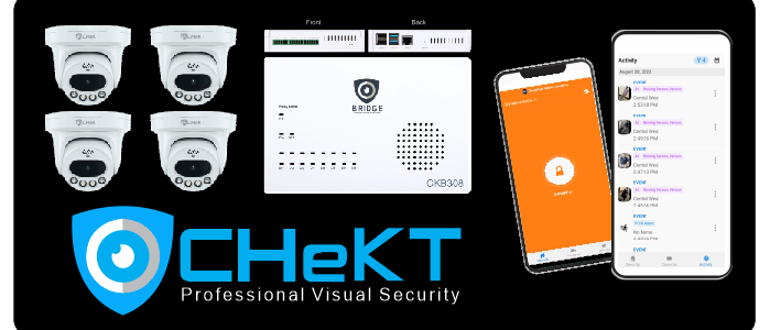 Verkada Installers A display shows four security cameras, a control panel, a smartphone with an orange security app, and another phone displaying an activity log. The CHekT logo and Professional Visual Security by Jendy Physical Security are below the devices.