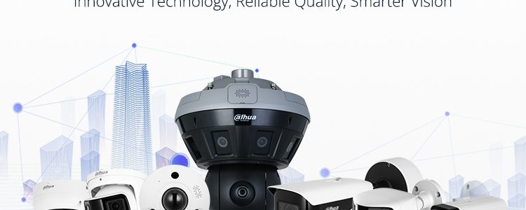 Verkada Installers A variety of Dahua network security cameras are displayed in front of a digital city skyline graphic, with the text Network Cameras: Innovative Technology, Reliable Quality, Smarter Vision above them—trusted by Verkada Installers and Jendy Physical Security experts.