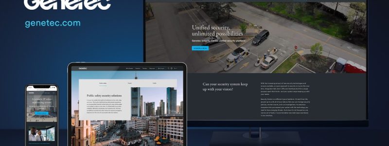 Verkada Installers A smartphone, tablet, and computer monitor display the Genetec website, showcasing a city scene with vehicles and buildings. The Genetec logo and website URL appear on a dark blue background, highlighting Jendy Physical Security solutions.