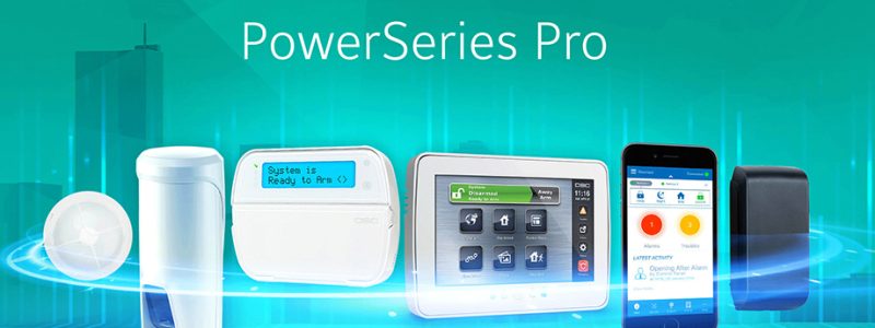 Verkada Installers A digital graphic featuring security devices—motion sensor, control panel, touchscreen, smartphone with app, and black unit—under the text PowerSeries Pro on a teal background with cityscape outlines. Perfect for Verkada Installers and Jendy Physical Security.