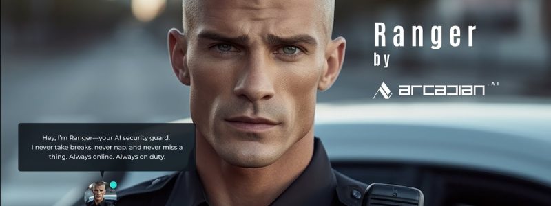 Verkada Installers A serious-looking security guard in uniform stands by a vehicle, with text introducing him as Ranger by Arcadian AI. A chat box says, Hey, I'm Ranger—your AI security guard. Jendy Physical Security and Verkada Installers trust me to never miss a thing.