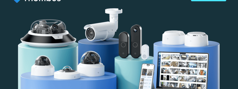 Verkada Installers A display of various security cameras and smart monitoring devices on blue pedestals, alongside an open laptop showing camera feeds. The Rhombus logo and a Learn More button highlight advanced Jendy Physical Security solutions.