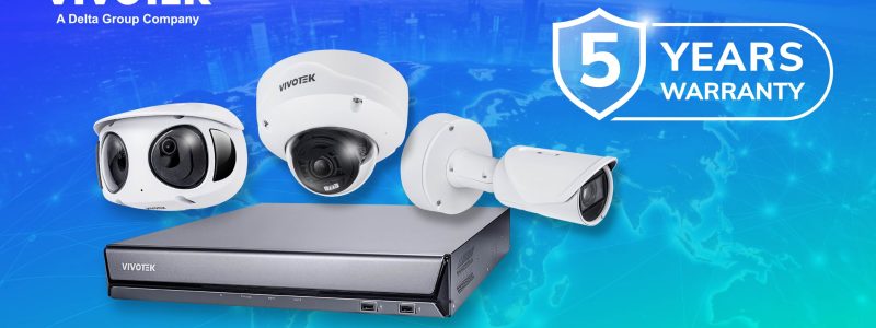 Verkada Installers Three Vivotek security cameras and a digital recorder are displayed against a blue background with a faint world map and cityscape, featuring a 5 Years Warranty badge on the right—ideal for Jendy Physical Security solutions.